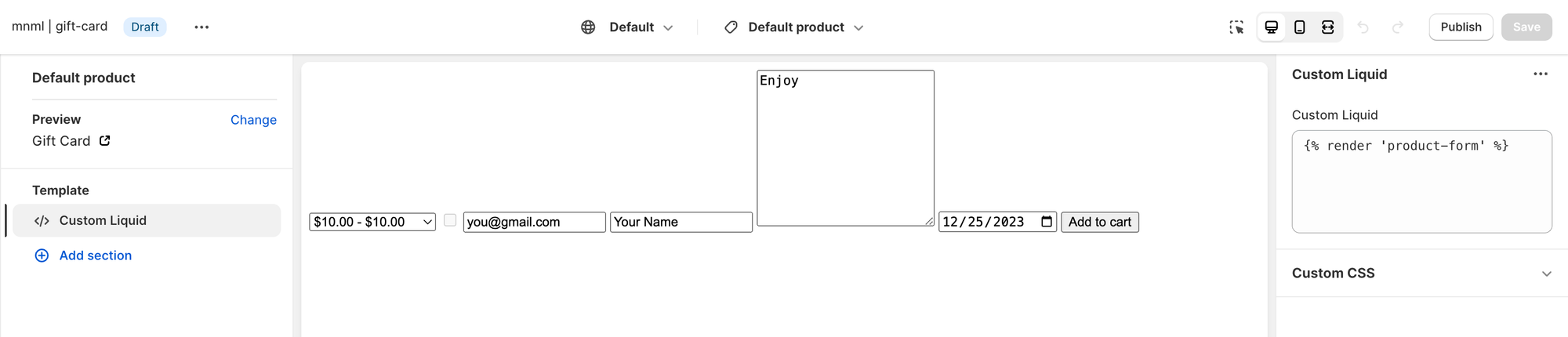 Screenshot of a gift card PDP from within the Customizer. Showing the basic recipient and add to cart form.