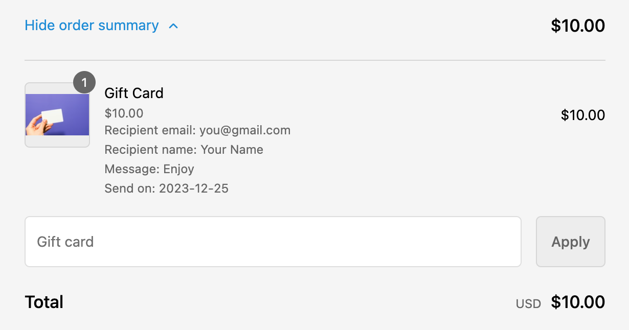 Screenshot of checkout showing the Gift Card with visible properties for recipient fields and "send on" date.