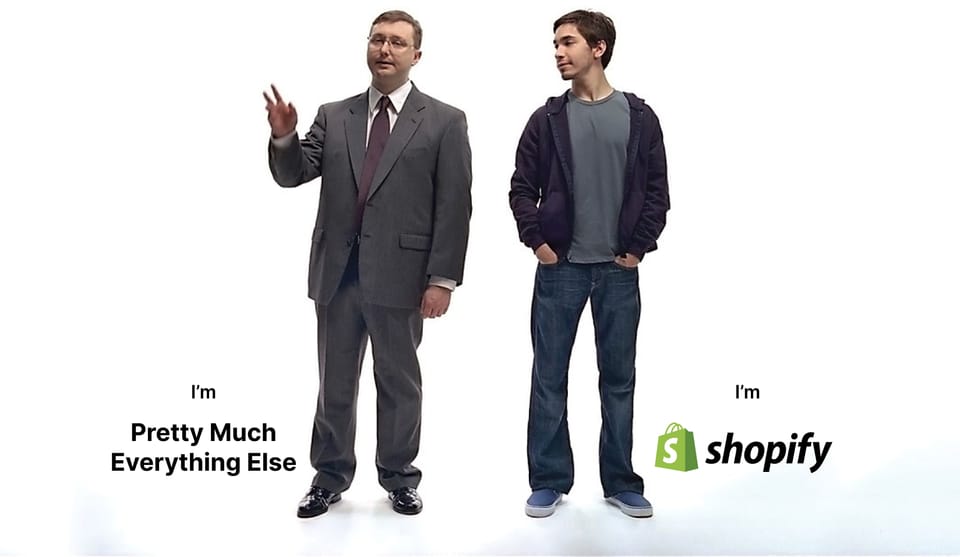 A still from the classic "Get a Mac" a.k.a. "Mac vs. PC" commercials, with Shopify as "Mac".